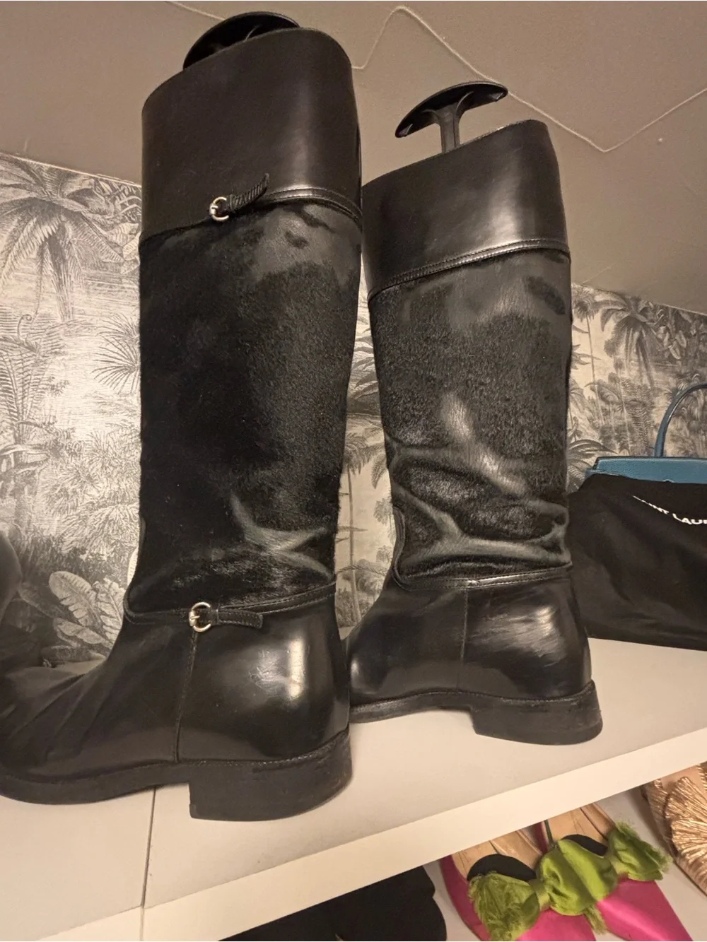 Gucci vintage Black Leather and Calf Hair Over-the-Knee Boots